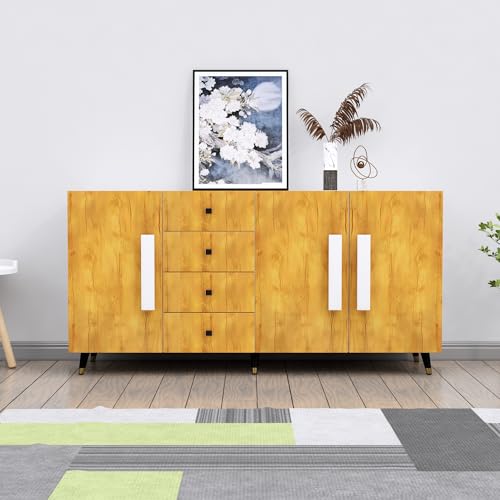 Image of Bniture Storage Cabinet Wooden for Living Room Sideboard with 4 Drawer and 3 Door | Storage Organizer Chest of Drawer Cabinet for Home Hallway Drawing Room Bedroom Kitchen | Frosty White & Giant Wood