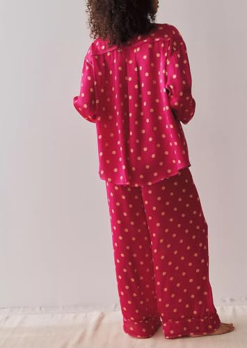 Image of Women Satin Pajama Sets Floral Silk Pajamas Pj Set | 2 Piece Lounge Sets, Button Down Long Sleeve Shirts and Wide Leg Pants Pjs Set, Christmas Holiday Valentine's Day Sleepwear