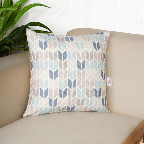 Image of STITCHNEST 'QuadraNest' Series Printed Quilted Velvet Cushion Cover 16x16 Inch Set of 5 | Premium Soft Fabric, Washable & Fade Resistant | Decorative Living Room Cushion Covers | Beige & Blue Chevron