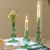 Hewory Glass Candlestick Holders Set: 3PCS Green Candle Holder Taper Candle Holders Bulk, Crystal Ribbed Candle Sticks Holder Decor for Table Centerpiece Wedding Christmas Thanksgiving Dinner