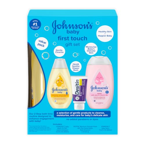 Johnsons Baby First Touch Baby Essentials Gift Set with Body Wash & Shampoo Body Lotion & Zinc Oxide Diaper Rash Paste for Babys Delicate Skin Hypoallergenic No Added Parabens or Dyes 3 Items