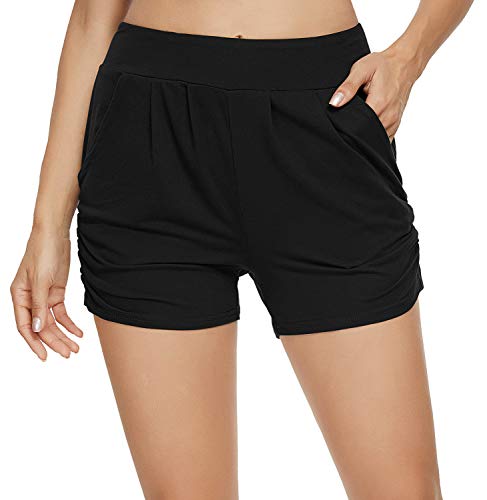KEEPBEAUTY Womens Casual Shorts with Pockets Loose Comfy Lounge Elastic Waist Soft Harem Short Black L