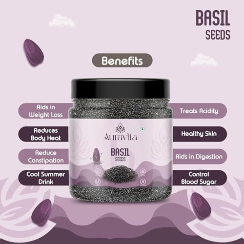 Image of Auravita Premium Raw Sabja Basil Seeds 250 Gram | Nutrient-Rich, Pure Basil Seeds For Healthy Drinks, Smoothies, And Recipes