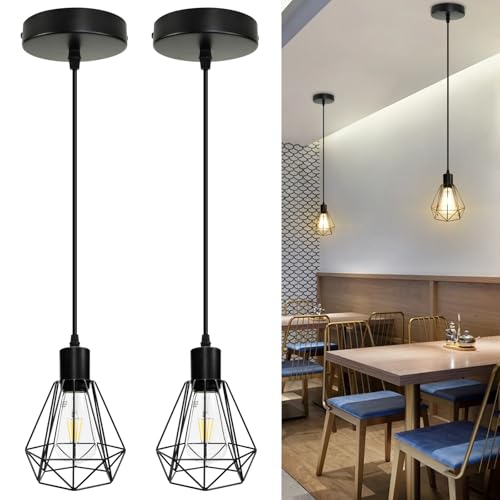 LTBLIGHT 2-Pack Industrial Pendant Light Fixtures, Black Hanging Ceiling Light with Adjustable Height Cord, Modern Pendant Lamps for Kitchen Hallway B