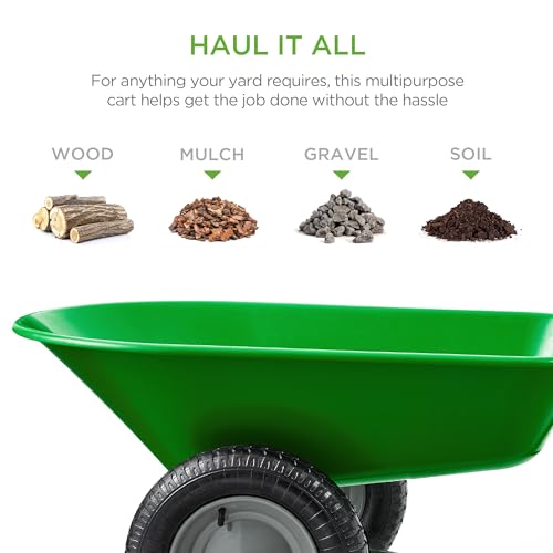 Image of Best Choice Products Dual-Wheel Home Utility Yard Wheelbarrow Garden Cart w /Built-in Stand for Lawn, Gardening, Construction - Bright Green