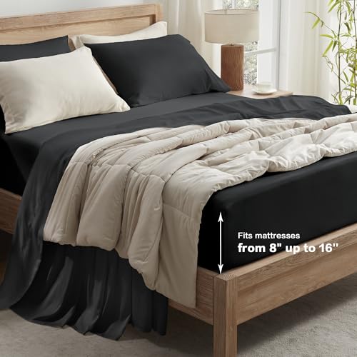 Image of Andency Black Queen Sheets Set 100% Viscose Derived from Bamboo | Cooling Summer Sheets, Deep Pocket Up to 16 inch, Silky Soft Hotel Luxury Breathable Bedding Sheets & Pillowcases