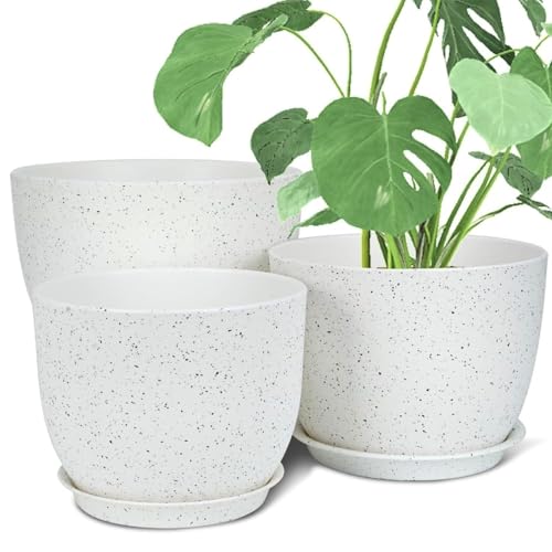 DIDROOM Plant Pots Set of 3, 12/10/9 Inch Flower Pots Indoor Outdoor, Modern Decorative Plastic Planters with Drainage Hole, Flower Pots for Indoor Outdoor Plants, White