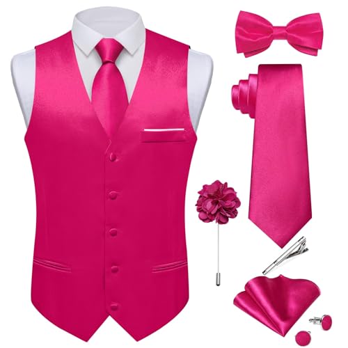 DiBanGu Mens Satin Suit Vest and Tie Set 8PCS Solid Waistcoat and Bowtie with Lapel Pin for Tuxedo Dress Vest Wedding Formal Hot Pink Large