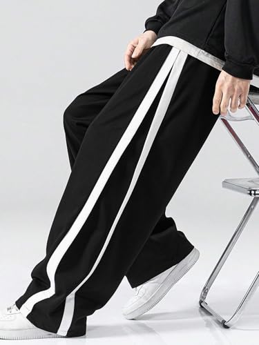 Image of GRECIILOOKS Men's Wide Leg Track Pants with Contrast Side Panel, Relaxed Drawstring Fit Streetwear Trousers, Poly Blend Casual Joggers