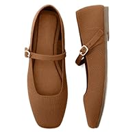 Soesyi Knit Flats for Women Square Toe Flats Casual Ballet Flats with Ankle Strap,Mary Jane Shoes Women Comfortable for Dressy Office,Size 7.5,Brown