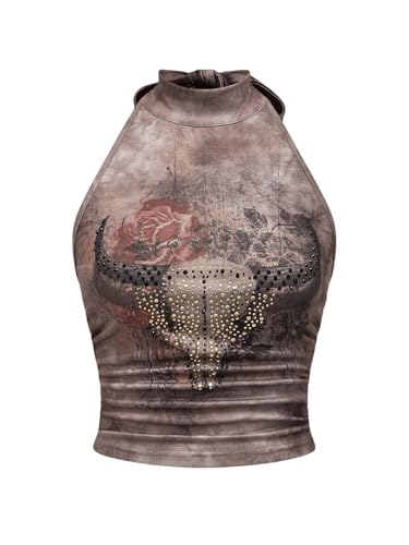 SOLY HUX Women's Y2k Graphic Halter Tops Tie Backless Rhinestone Ruched Crop Tank Top