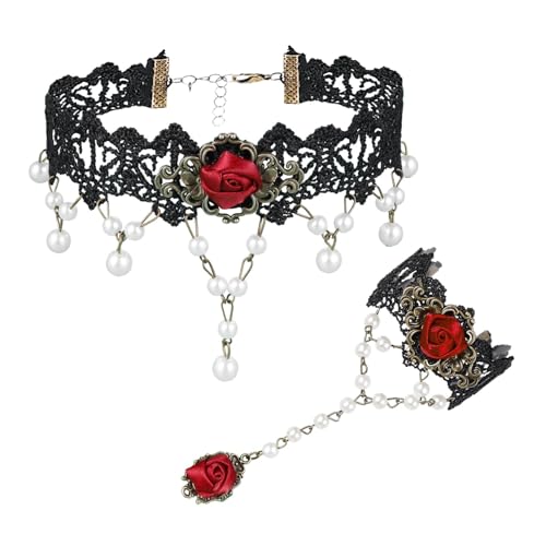 MILAKOO Black Lace Choker Necklace Victorian Red Rosette Bracelets and Finger Ring Set for Women