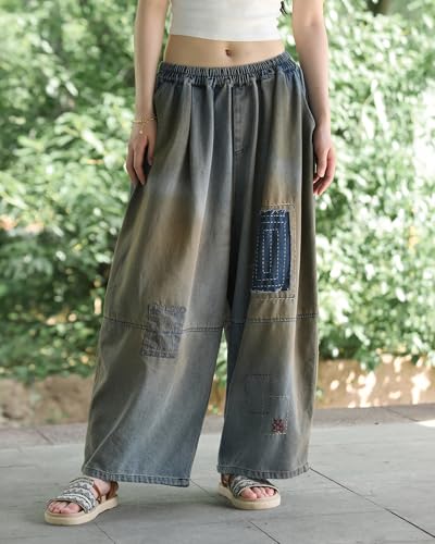 Women's Barrel Jeans Baggy Wide Leg Elastic Waist Denim Pants, Drop Crotch, High Waisted, Casual Cotton Jeans for Women2