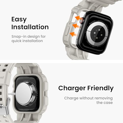 Image of amBand Compatible for Apple Watch Band 45mm 44mm 42mm with Bumper Case, Clear Cute Women Strap for iWatch SE 3 SE 2nd SE Series 9 8 7 6 5 4 3 2, Sport Jelly Protective Cases Protector, Sand White
