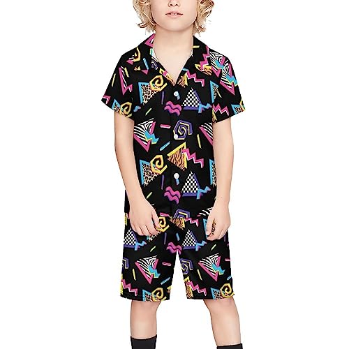 OLGCZM 80s 90s Memphis Boys Hawaiian Shirt Sets Kids Casual Button Down Short Sleeve Shirt 7-8T3