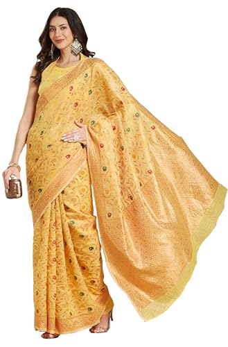 Image of Janasya Women's Light Peach Linen Blend Patola Woven Design Jacquard Saree with Blouse Piece