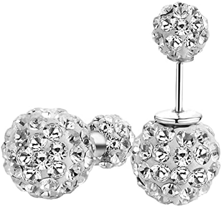 BG&WLing Front Back Double Ball Earrings Sparkly Crystal Ball Sterling Silver Post Stud Earrings Hypoallergenic Dainty Jewelry for Women Girls