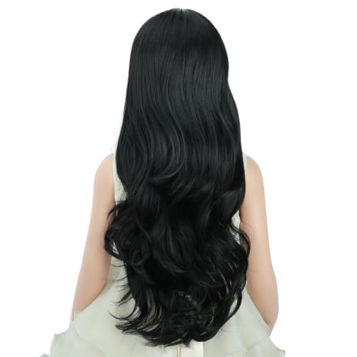 Image of PATTNIUM Child Kids Black Wig Long Wavy Black Wig for Kids Girls Long Synthetic Wig with Wig Cap