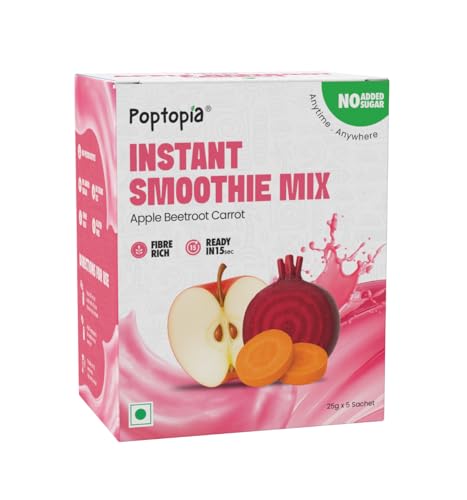 Image of Poptopia Apple Beetroot Carrot Smoothie Mix | Smoothie CHAMP | No Added Preservatives or Colors | A Quick, Nutritious, and Delicious drink | All Natural, 0% Sugar | Pack of 5 = 125gms = ~1Litre Fresh Smoothie | Ready in 15 seconds | 100% Vegan & Gluten free