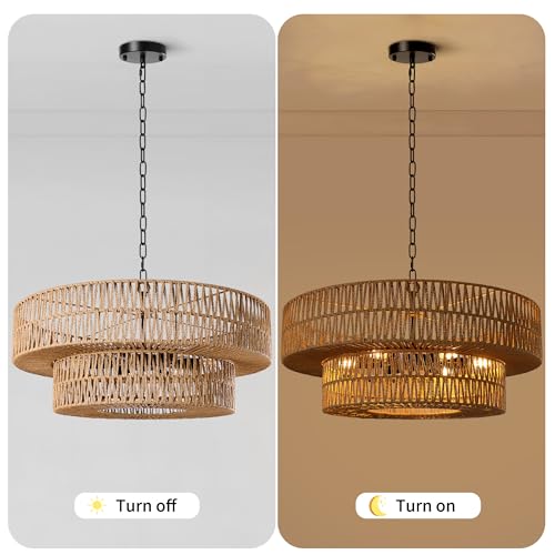 LamQee 26 Inch Farmhouse Rattan Chandeliers, 6 Lights Boho Chandelier Light Fixture with Hand Woven Wicker Shade, Large Rattan Pendant Lights Ceiling Hanging Lighting for Dining Room Kitchen Island by LamQee - Used condition - Image 7