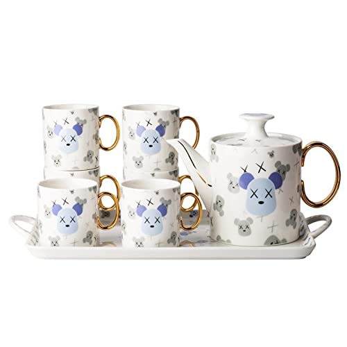GRFIT Jarra Juego de Jarra de Agua fría con Taza Linda cafetera té de cerámica con Bandeja 6 Tazas de Bebida for té de Jugo Bebida de Agua de Hielo Jarra de Agua (Color : Blauw)