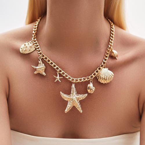 Seashell Necklaces for Women Big Starfish Shell Charm Chunky Gold Necklace Beach Jewelry for Women Summer Accessories2