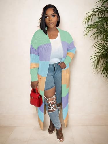 Image of Nimsruc Long Cardigan Sweaters for Women Patchwork Open Front Knit Sweater