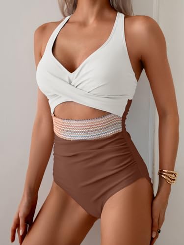 Image of B2prity Women's One Piece Swimsuit Tummy Control High Waisted Bathing Suit | Color Block,Removable Soft Cups,Cutout,V neck,Full Coverage,Adjustable Criss Cross Straps,Tie Back