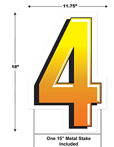 Beistle Plastic Number 4 Yard Sign With Metal Stakes-Happy Birthday Party Outdoor Lawn Decoration, 18" X 11.75", Yellow/Orange/White/Black #TOP1
