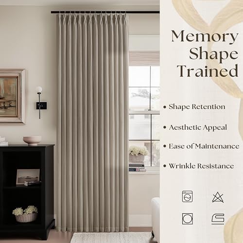 Image of Extra Wide Taupe Pinch Pleated Semi Sheer Linen Curtains for Living Room | Grey Beige, 70 inch wide Floor To Ceiling 120 inch Extra Long, Light Filtering Privacy, Glass Door, Faux Textured, Hook Rings