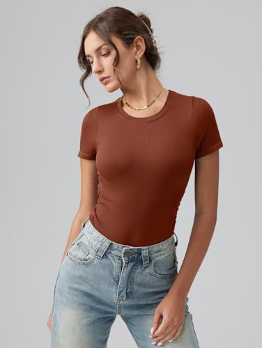 Image of OQQ Women's Crew Neck Short Sleeve Bodysuit Ruched Stretch Vacation Basic for Tops Spring & Summer