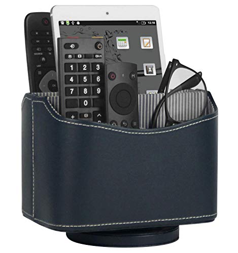 Ms.Box Media Storage PU Leather Spinning Remote Control Holder Organizer,Remote Controller Holder, Remote Caddy, Blue, 7.3 x 5.5 x 6 inches