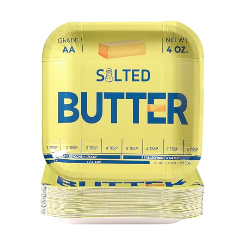 Greencian 50Pcs Salted Butter Paper Plates 9 Inch Disposable Butter Lover Measuring Square Plates Yellow Foodie Paper Tableware Sets for Chef Butter-Lovers Baking Birthday Party Supplies Decorations