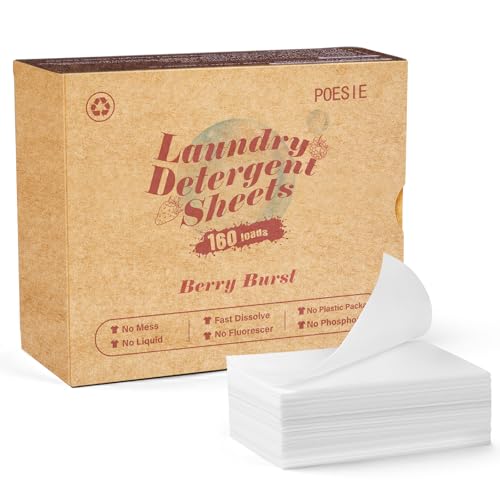 Poesie Laundry Detergent Sheet Berry Burst Scent 160 Sheets No Plastic Jugs No Messy Liquid Powder Camping Travel RV Trip Laundry Cleaning Sheet for Hand Wash Machine Wash