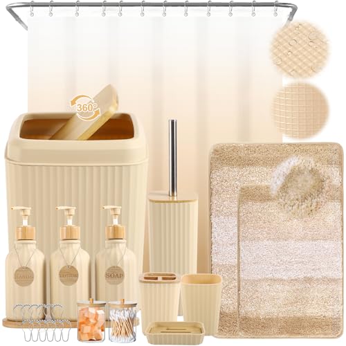 32PCS Bathroom Sets with Shower Curtain and Rugs Beige...