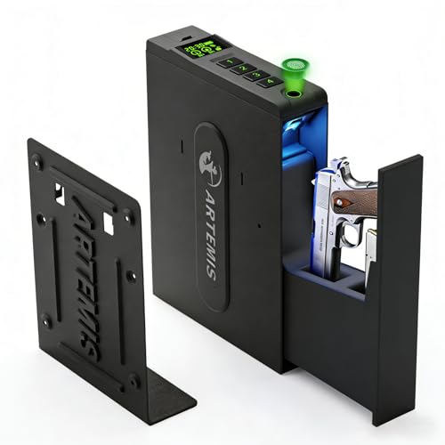Biometric Slider Handgun Gun Safe for Home Nightstand,Cloakroom, Desk,Bed Side,Truck, Artemis Auto Sliding Door Hand Gun Safe for Pistol Unlock Fingerprint，Digital PIN，Key Access