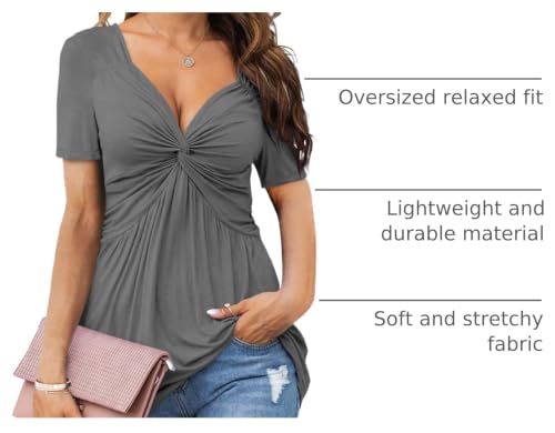 Image of Tankaneo Womens Front Knotted V-Neck Blouse T Shirt Short Sleeve Oversized Tunic Tops Summer Solid Pullover Tees
