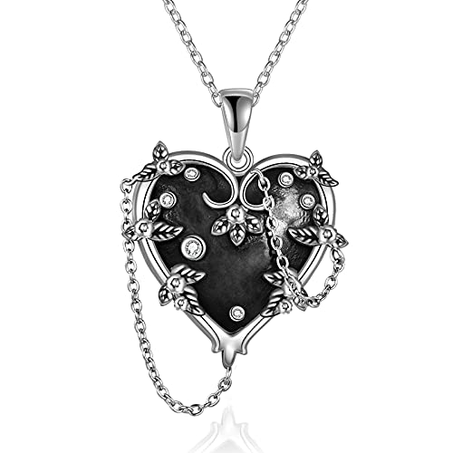 MONGAS Witches Heart Necklace for Women 925 Sterling Silver Black Heart Necklace Skull Goth Halloween Jewelry for Women Witchy Gifts