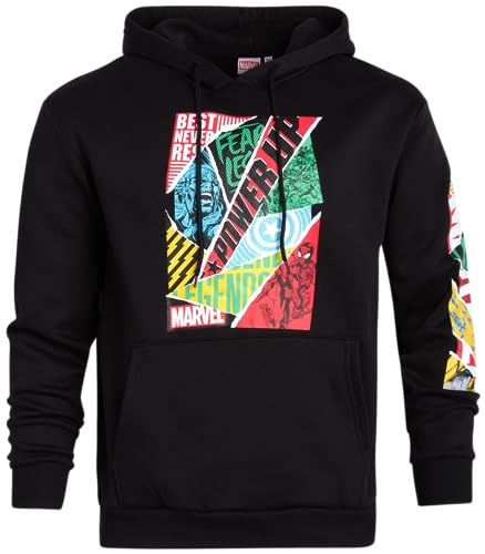 Marvel Men’s Avengers Fleece Hoodie Sweatshirt – Retro Iron Man, Hulk, Captain America, Thor, Spider-Man, Marvel Black, Small