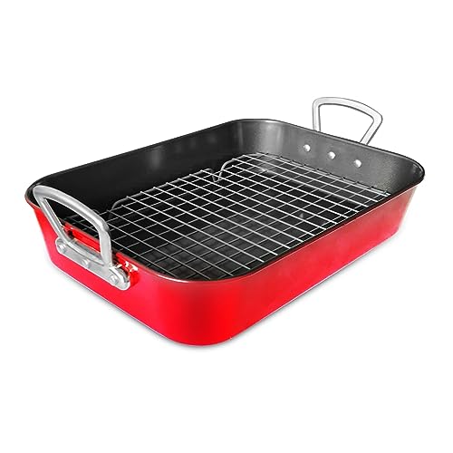 Padella Grill Piastra per Arrostire con Griglia Piatto da Cottura con Rivestimento Antiaderente e Maniglia, Piastra Rettagolare Polivalente Tema Natalizio per Tacchino,Verdure,Pasta,ecc Rosso 44.5cm