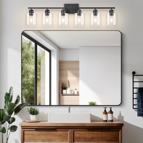 Image of Black 6-Light Bath Vanity Lights for Mirror, Restroom Lights Fixtures with with Clear Glass Shades,Bathroom Over Sink Light Fixtures, Bathroom Light Fixtures Over Mirror