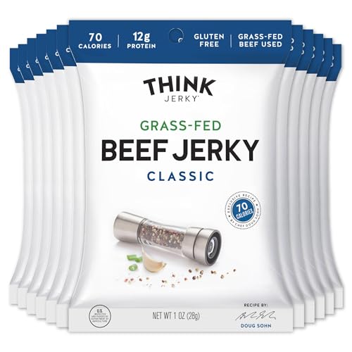 Think Jerky Classic Beef Jerky, Grass-Fed High Protein Beef, Gluten Free, No Antibiotics or Nitrates, Healthy Chef Crafted Recipe, Low Calorie and Low Fat - 1.0 oz Bags, 12 Pack