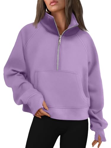 AUTOMET Womens Sweatshirts Half Zip Cropped Pullover Fleece Quarter Zipper Sweater Hoodies 2026 Fall Fashion Outfits Clothes Purple Medium