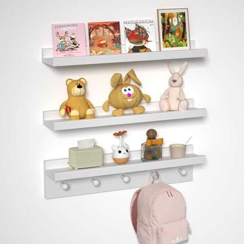 Image of MBYD Picture Shelf Ledge, 24 Inch Floating Shelves for Wall, Nursery Book Shelves with Hooks Set of 3, Floating Shelf Wall Mounted for Bathroom, Kids Room, Living Room, Kitchen Bedroom White