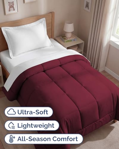 Image of Twin Size, Burgundy Alternative Down Comforter - Warm, Lightweight & Breathable Hotel Quality Bedding Set for Men, Women, Kids & Teens - All Season Oversized Cooling Microfiber Duvet Insert Comforter