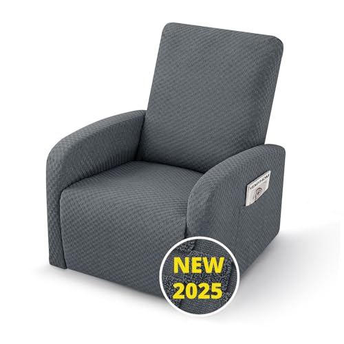 Image of YEMYHOM 3 Pieces Stretch Recliner Slipcover Jacquard Small Recliner Chair Cover with Side Pocket Anti-Slip Fitted Furniture Protector with Elastic Bottom (X-Small Recliner, Dark Gray)