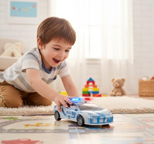 Image of Friction Powered Police Car Toy for Kids with Pull Back Action Super Speed Cop Vehicle with RGB Lights Music Siren Sound Birthday Gift for Boys Girls Toddlers [Blue 1007]