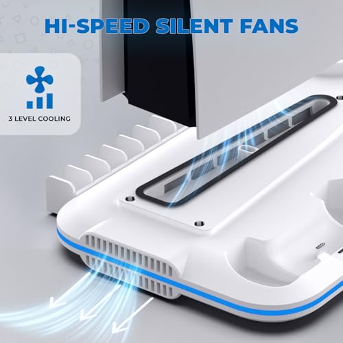 Image of EvoFox Frostdock 5 PS5 Cooling Dock with Dual Controller Charging Station, 3 Speed Fan up to 3900 RPM, 14 Disc Storage, 19 Mode RGB Lighting, USB Port, Vertical Stand for PS5 Digital Disc Slim & Pro