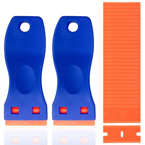 2 Piezas Rascador de Plástico con 30 Cuchillas, Espátulas Plastico Rasquetas para Raspar Pegatinas de Vidrio Eliminador de Residuos de Pegamento para Quitar Pegatinas de Vinilo Quita Etiquetas