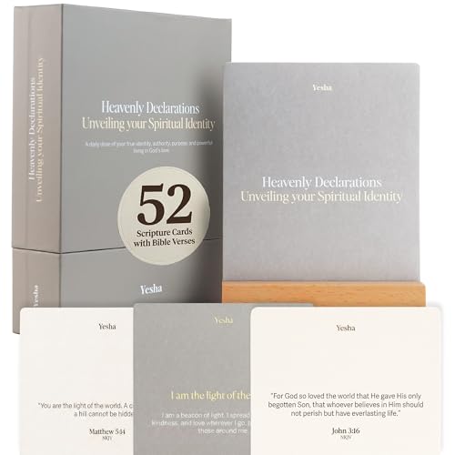 Image of Yesha 52 Daily Bible Verse Cards with Wooden Stand | Heavenly Declarations | Christian Affirmation Cards for Identity in Christ | Premium Scripture Cards for Women & Men | Devotional Gift Set